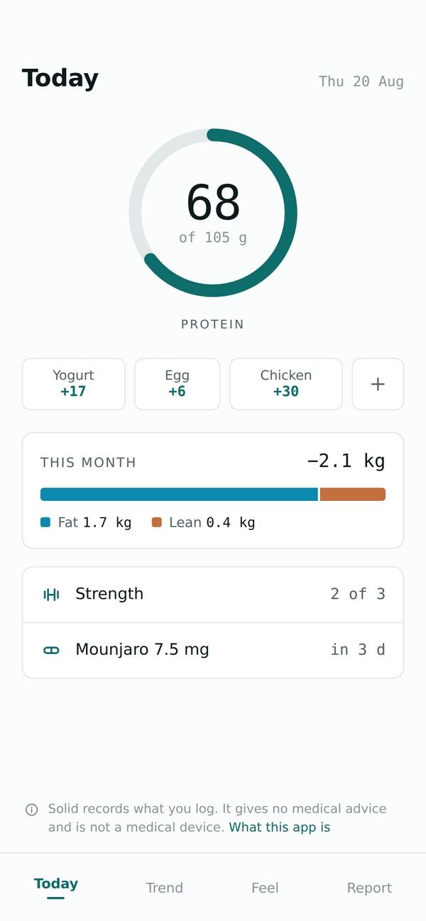 Solid Today screen showing the daily protein ring